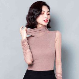 Korean Women Blouses Sequined Mesh Tops Long Sleeve Turtleneck Top Plus Size Blusas Femininas Elegante 210427