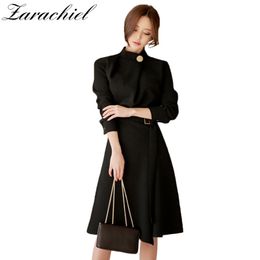 Women Autumn Winter Elegant Button Stand Collar Black Belted Long Sleeve Work Business Party Bodycon Wrap Split Dress 210416