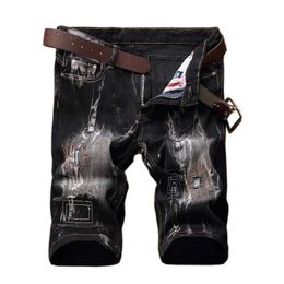 Fashion printed jeans shorts male personality patch retro brand mens stretch hole black men's short trousers 210714