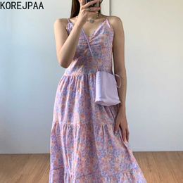 Korejpaa Women Dress Summer Korean Fashion Chic Sweet Gentle Floral V-neck Pleated High Waist Suspender Long Dresses Female 210526