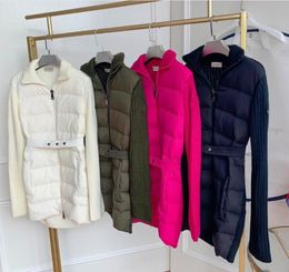 Women knitting Stand Collar Down Coat Slim With Belt Design Jacket Long Winter Autumn Parkas Size S-XL