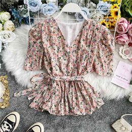 Women Elegant Floral Chiffon Blouse Tops Puff Short Sleeve V-neck Korean Shirt Sashes Slim Waist Blusas Femme 210422