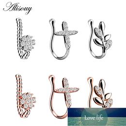 Alisouy Copper Crystal Leaf Flower Cross False Nose Ring Earring Fake Septum Ring Studs Women Ear Clip Non Body Piercing Jewellery Factory price expert design Quality