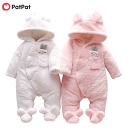 Arrival Winter Baby Solid Fleece Rabbit Hooded Jumpsuit Unisex Sweet Jumpsuits Clothes 210528
