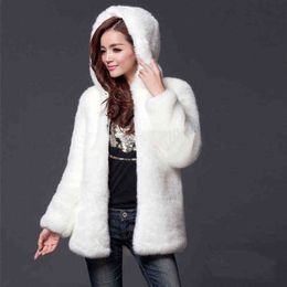 Winter Coat Women Black With Furry Hooded Jacket Zipper Poncho Cardigan Faux Long Sleeve Artificial Rabbit s 211213