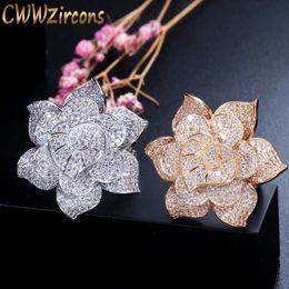 Statement Yellow Gold Colour Luxury Cubic Zirconia Stone Big Geometric Flower Wedding Party Rings for Women R041 210714