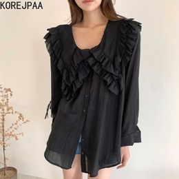 Korejpaa Women Shirt Summer Korean Chic Sweet Temperament Double-Layer Doll Collar Ruffle Stitching Single-Breasted Blouses 210526