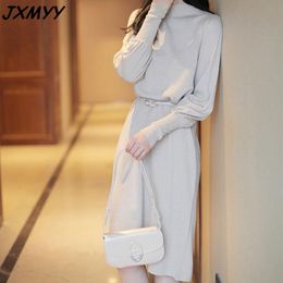 Ladies temperament waist slimming sweater dress solid Colour half-high collar lantern sleeves mid-length knit dress female JXMYY 210412