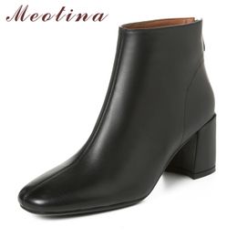 Autumn Ankle Boots Women Natural Genuine Leather Thick High Heels Short Zipper Round Toe Shoes Ladies Size 34-39 210517
