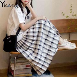 Vintage White Plaid Pleated Long Skirts Elastic High Waist Women Korean Cotton harajuku Streetwear Midi saias 210421