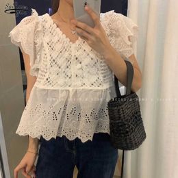 Summer Korea Lace Embroidery Stitching Women Blouse Office Hollow Out V Neck Floral Shirts Women Short Sleeve Blusas 14455 210527