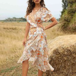 Paisely Print Wrap Dress Long Women Summer Vintage Dress Batwing Sleeve Orange Ruffle Beach Boho Dress Vestidos 210415