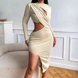 Women Fashion Bright Split Party Dress Elegant Solid Long Sleeve Pleated Design Beach Dress Sexy Hollow Out Bodycon Dress Mujer Y1204