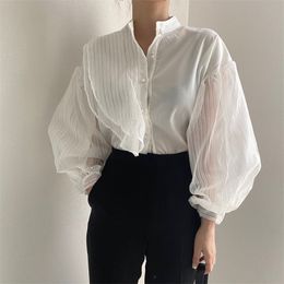 Korean Chic Perspective Mesh Sleeves Stitching Stand Collar Shirt Asymmetric Ruffled Lantern White Black Blouse 210601