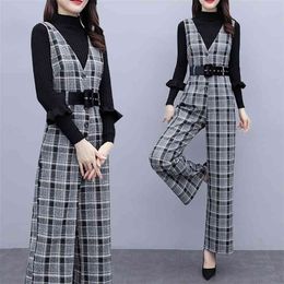 Fashion women's suit autumn and winter Woollen plaid jumpsuit wide leg + knitted bottoming shirt two-piece set 210520