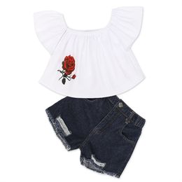 Girls One Shoulder Top Short Sleeves T-shirt Rose Tube Top Toddler Girl Short Jeans Ripped Denim Pants Outfit Cloth Set 210413