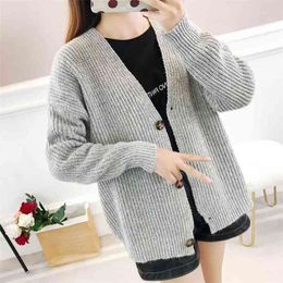 Women Cardigans Sweater V neck Solid Loose Knitwear Single Breasted Casual Knit Cardigan Outwear Winter Jacket Coat 210427