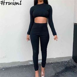 Crop Top Women Two Piece Set Fashion Solid Long Sleeve Woman Tshirts Pencil Pants Sweatsuit Outfits Plus Size Ropa Para Mujer 210513