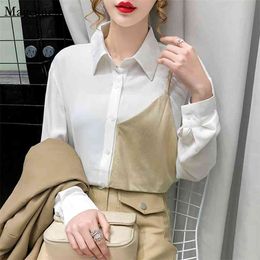 Spring Autumn White Chiffon Blouse Women Stitching Long Sleeve Ladies Tops Turn-down Collar Button Loose Shirts 12059 210512