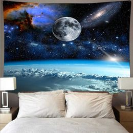 Moon Tapestry Wall Hanging Landscape Blue Sky Psychedelic Tapestries Background Wall Cloth Carpet Mat Bed cover Home Decoration 210609