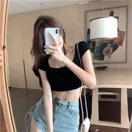 Fashion Sexy Crop Tops Women Casual Short Sleeve Cotton Pullover Tees Summer Slim Streetwear T-shirt Woman sexy tops 210507