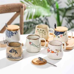 Vintage Coffee Mug Unique Japanese Retro Style Ceramic Cups, 380ml Kiln Change Clay Breakfast Cup Creative Gift for Friends 210409