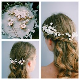 Wedding Bridal White Ceramics Flowers Hair Comb U Pins Lot Crystal Rhinestone Headpiece Jewelry Accessories Ornament Women Fashion Headdress Korean Head Pieces