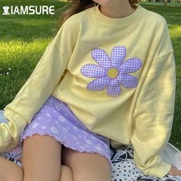 IAMSURE Patchwork Embroidery Floral Sweatshirt Casual Sweet Long Sleeve O-Neck Pullovers Cute Streetwear Tops Women 2021 Fashion Y0820