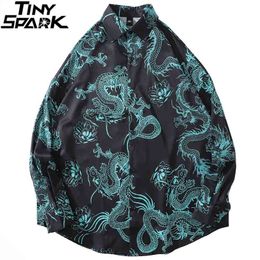 Hip Hop Mens Streetwear Oversized Hawaiian Shirt Dragon Lotus Harajuku Loose Long Sleeve Floral Oversize Tops Black 210626