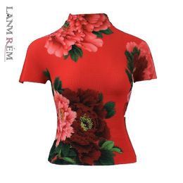 LANMREM Vestiti pieghettati in stile giapponese per le donne estate nuovo mezzo collo alto t-shirt in tessuto elasticizzato manica corta tee YJ779 210401