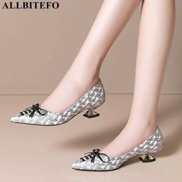 ALLBITEFO High Quality Genuine Leather High Heels Office Ladies Party Sliver Wedding Shoes Bowtie Women Heels High Heel Shoes 210611