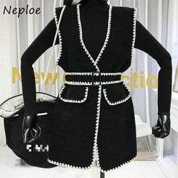 Neploe Elegant Suit Chic Sashes Panelled Patchwork Vest + Solid Colour Slim Fit Sweaters Women Autumn 2 Piece Set 211126