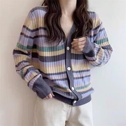 Vintage Rainbow Striped Knitted Cardigan Women Korean Causal Sweater Tops Autumn Long Sleeve V-neck Knitwear Pull Femme 210514