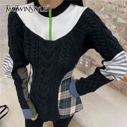 Korean Print Plaid Sweater For Women O Neck Long Sleeve Hit Colour Casual Sweaters Female Fashion Clothing 210524