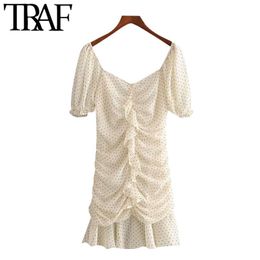 TRAF Women Chic Fashion Polka Dot Ruffles Pleated Mini Dress Vintage V Neck Short Sleeve Female Dresses Vestidos Mujer 210415