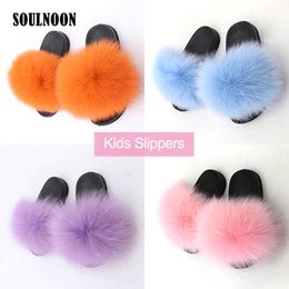 Children Furry Slippers Kids Sandals Summer Flat Casual Shoe Child's Baby's Real Flip Flops Plush Girls Slides 210712