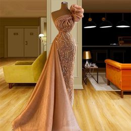 Chic Glitter Prom Dresses One Shoulder Sequins Evening Dress Custom Made Lace Appliques Floor Length Beads Celebrity Party Gown