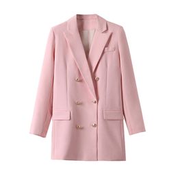Fashion Designer Blazer Jacket Women's Double Breasted Metal Lion Buttons Blazers Pink Office Wear Suit 210430