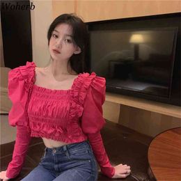 Sexy Off Shoulder Blouse Korean Chic Women Shirt Square Collar Long Puff Sleeve Crop Top Elegant Summer Blusas Mujer 210519