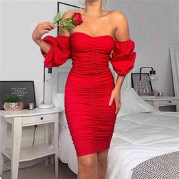 OMSJ Sexy Pleated Off-shoulder Party Club Date Dresses Spring Autumn Ladies Solid Full Sleeve Shirring Bodycon Elegant Vestidos 210517