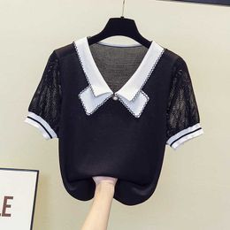 L-4XL large size women Summer thin sweater loose casual lace sleeve bow Patchwork chic Oversized pullover white T-shirt top 210604