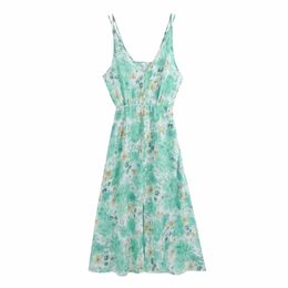 Summer Women Flower Print V Neck Button Decoration Midi Dress Female Sleeveless Clothes Casual Lady Loose Vestido D7683 210430