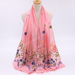 Embroidery Flower Hijabs Scarf Glitter Silk Linen Shawls Scarves Women Muslim Wraps Headband Long Pashmina 180*85cm