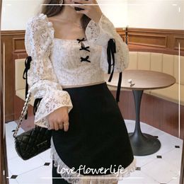 2 Piece Set Women Fashion Sexy Suit Lace Bow Flare Sleeve Top+ Patchwork Designer Skirt Gothic Korean Style Autumn Clothing 210521