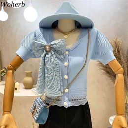 Summer Knitted Short Sleeve T-shirt Women Lace Bow Patchwork Elegant Tops Tees Korean Chic Fashion Knitwear 210519