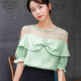 Sweet Women Summer Beaded Mesh Spliced Off Shoulder Short Sleeve Fashion European Style Casual Tops Shirts Blouses 9805 210417