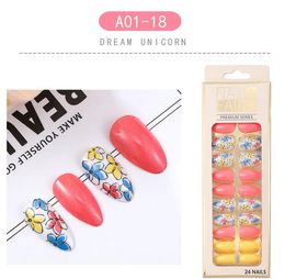 Red flower simple line DIY 24pcs/box Stiletto Press On False Nails trips Finished Product Wearable Full Cover Decor Tips Art