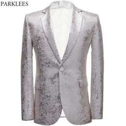 Shiny Silver Brocade Suit Jacket Male Brand One Button Collar Tuxedo Dress Blazers Men Slim Fit Wedding Party Costume Homme 210522