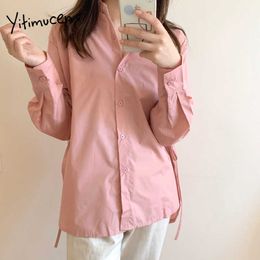 Yitimuceng Casual Blouse Woman Oversize Loose Tops Fashion Lace Up Long Sleeve Simple Shirt Solid White Pink Spring Summer 210601