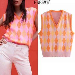 Vintage Pink Argyle Knitted Vest Women Spring Preppy V Neck Sleeveless Sweater Woman Ribbed Casual Pullover Top 210519